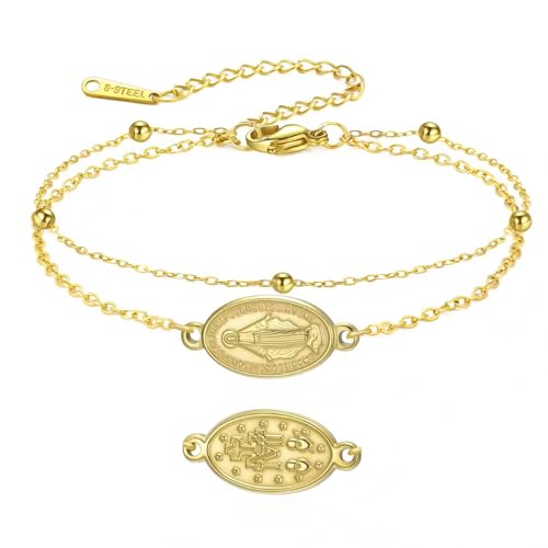 YIQPKUM Doppel Kette Religiös Medaillon Armband Edelstahl Schmuck Anhänger Damen Statement Accessoire Geschenk (18 Karat vergoldet) von YIQPKUM