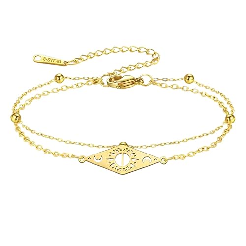 YIQPKUM Doppel Kette Sonne Mond Armband Edelstahl Schmuck Anhänger Damen Statement Accessoire Geschenk (18 Karat vergoldet) von YIQPKUM