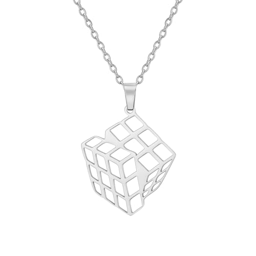 YIQPKUM Einzigartig Edelstahl Durchbrochen Würfel Halskette Geometrisch Anhänger (Versilbert) von YIQPKUM