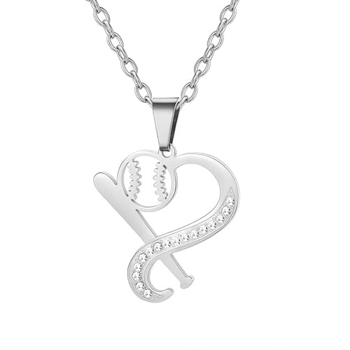 YIQPKUM Elegant Baseball Herz Halskette Anhänger Edelstahl Strass Kristall Schmuck Damen Sport Liebhaber Anhänger Accessoire Geschenk (Versilbert) von YIQPKUM