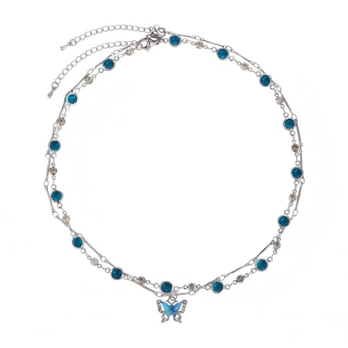 YIQPKUM Elegant Doppelt Perlen Schmetterling Halskette Zart Strassstein Anhänger (Türkis) von YIQPKUM
