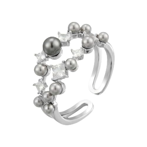 YIQPKUM Elegant Kristall Doppelt Band Ring Damen Mutter Verstellbar Offener Bund Perle Schmuck 1.7cm Innendurchmesser Accessoire Statement Geschenk Anhänger (Schwarz) von YIQPKUM