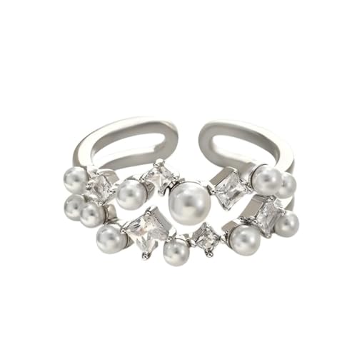 YIQPKUM Elegant Kristall Doppelt Band Ring Damen Mutter Verstellbar Offener Bund Perle Schmuck 1.7cm Innendurchmesser Accessoire Statement Geschenk Anhänger (Versilbert) von YIQPKUM