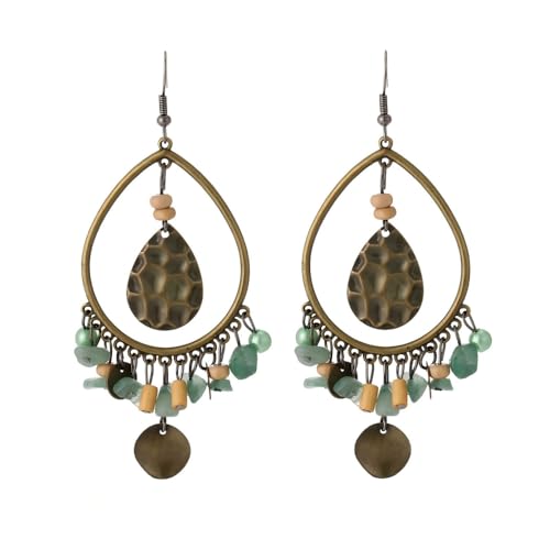 YIQPKUM Elegant Kronleuchter Ohrringe Antik Messing Tropfen Damen Mint Grün Stein Chip Boho Schmuck Anhänger Holz Perle Böhmisch Geschenk (Vergoldet) von YIQPKUM