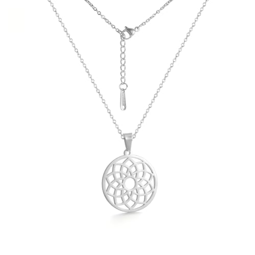YIQPKUM Elegant Lotusblume Halskette Mandala Geometrisch Edelstahl Durchbrochen Glücksamulett (Versilbert) von YIQPKUM