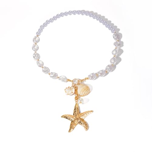 YIQPKUM Elegant Perle Barock Halskette Seestern Muschel Anhänger Sommer Strand Schmuck Damen Statement Accessoire Anhänger (Vergoldet) von YIQPKUM