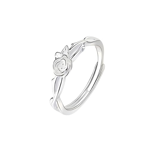 YIQPKUM Elegant Rose Blume Ring Damen Verstellbar Offener Bund Schmuck Zart Verlobung Versprechen Accessoire Statement Geschenk Anhänger (Versilbert) von YIQPKUM