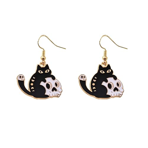 YIQPKUM Emaille Totenkopf Katze Stecker Ohrringe Damen Halloween Hypoallergen Tier Schmuck Festtag Anhänger (Schwarz) von YIQPKUM