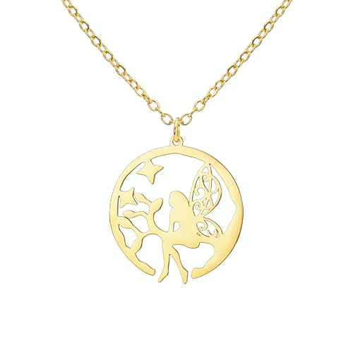 YIQPKUM Fantasie Schmetterling Flügel Fee Halskette Anhänger Edelstahl Kreisförmig Schmuck Damen Freundin Anhänger Accessoire Geschenk (14 Karat vergoldet) von YIQPKUM
