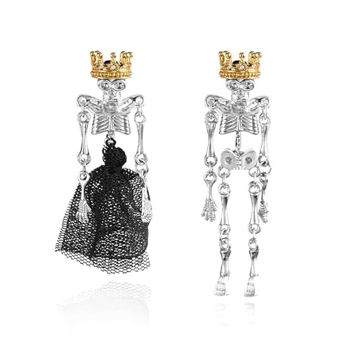 YIQPKUM Gotisch Halloween Krone Skelett Ohrringe Stecker Damen Asymmetrisch Schwarz Netz Totenkopf Schmuck Accessoire Geschenk Festtag Anhänger (Versilbert) von YIQPKUM
