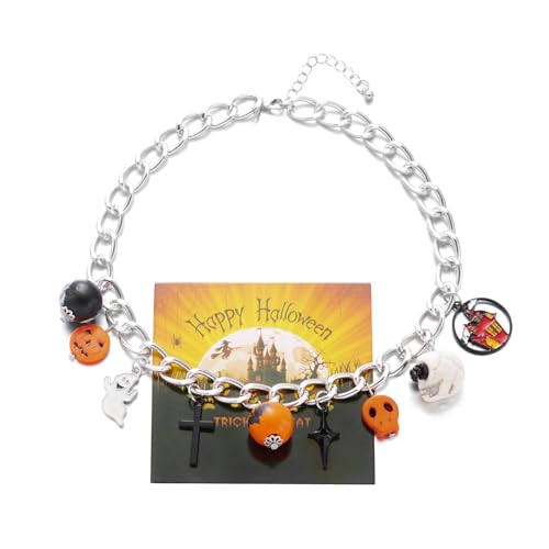 YIQPKUM Gotisch Kürbis Geist Kreuz Totenkopf Halskette Kette Zinklegierung Halloween Anhänger Schmuck Damen Freundin Gruselig Accessoire Anhänger (Versilbert) von YIQPKUM