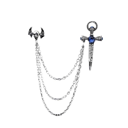 YIQPKUM Gotisch Totenkopf Schwert Kette Brosche Zinklegierung Antik Anstecknadel Damen Dreifach Schicht Anhänger Geschenk Jackett Anzug Kleid Accessoire (Versilbert) von YIQPKUM