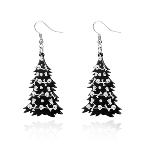 YIQPKUM Gotisch Weihnachtsbaum Ohrringe Acryl Totenkopf Schmuck Geschenk Halloween Accessoire Damen Festtag Anhänger (Schwarz) von YIQPKUM