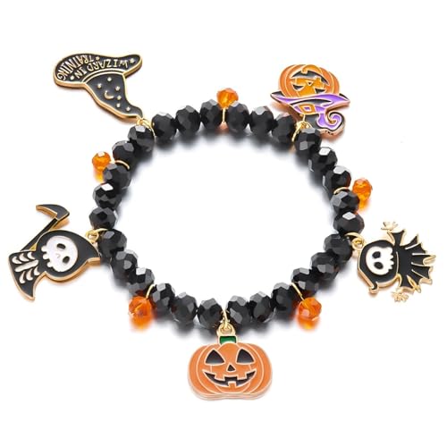 YIQPKUM Halloween Emaille Kürbis Armband Kristall Perle Hexen Hut Totenkopf Schmuck Festtag Anhänger Damen Statement Accessoire Geschenk (Schwarz) von YIQPKUM