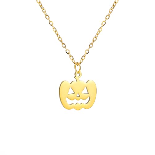 YIQPKUM Halloween Kürbis Gesicht Halskette Anhänger Edelstahl Jack O Laterne Schmuck Damen Anhänger Festtag Accessoire Geschenk (14 Karat vergoldet) von YIQPKUM