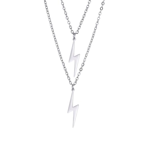 YIQPKUM Lustig Doppel Blitz Halskette Anhänger Edelstahl Schicht Schmuck Damen Freundin Statement Accessoire Anhänger Geschenk (Versilbert) von YIQPKUM