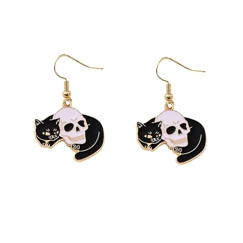 YIQPKUM Lustig Emaille Totenkopf Katze Stecker Ohrringe Damen Halloween Leichtgewicht Tier Schmuck Festtag Anhänger (Schwarz) von YIQPKUM