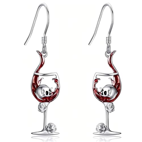 YIQPKUM Lustig Halloween Weinglas Totenkopf Ohrringe Schmuck Geschenk Statement Accessoire Damen Festtag Anhänger (Rot) von YIQPKUM