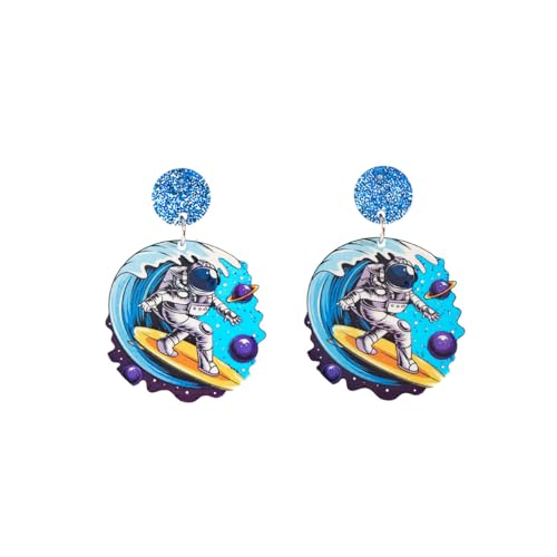 YIQPKUM Lustiger Acryl Surf Astronaut Stecker Ohrringe für Damen Himmelskörper Sterne Schmuck (Blau) von YIQPKUM