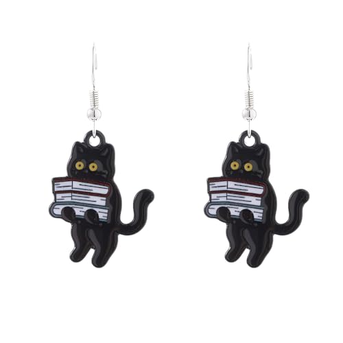 YIQPKUM Niedlich Emaille Buch Haltend Katze Ohrringe Stecker Damen Tier Liebhaber Leichtgewicht Cartoon Schmuck Anhänger (Schwarz) von YIQPKUM