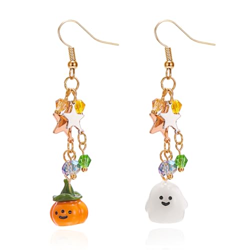 YIQPKUM Niedlich Halloween Asymmetrisch Kürbis Geist Ohrringe Stecker Damen Kristall Perle Stern Schmuck Accessoire Geschenk Festtag Anhänger (Mehrfarbig) von YIQPKUM
