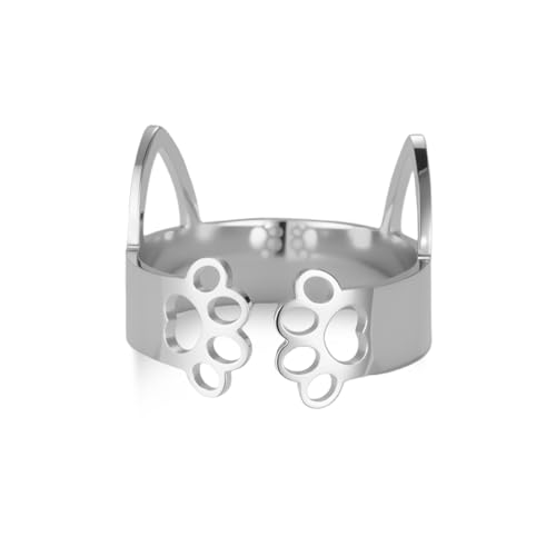 YIQPKUM Niedlich Katze Pfote Abdruck Ringe Damen Mutter Freundin Edelstahl Tier Schmuck Offener Bund Accessoire Statement Geschenk Anhänger (Versilbert) von YIQPKUM