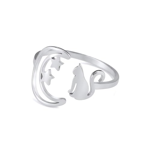 YIQPKUM Niedlicher Halbmond Katze Ringe Verstellbar Offen Edelstahl Stern Schmuck (Versilbert) von YIQPKUM