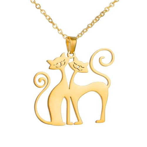 YIQPKUM Niedliches Paar Katze Halskette Edelstahl Anhänger Süß Tier für Mütter (14 Karat vergoldet) von YIQPKUM