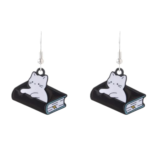 YIQPKUM Verspielt Emaille Bücher Katze Ohrringe Stecker Damen Tier Liebhaber Niedlich Cartoon Schmuck Anhänger Geschenk (Schwarz) von YIQPKUM