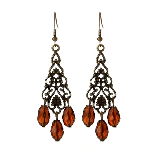 YIQPKUM Vintage Kronleuchter Ohrringe Stecker Damen Antik Bronze Filigran Schmuck Anhänger Bernstein Kristall Tropfen Geschenk (Braun) von YIQPKUM