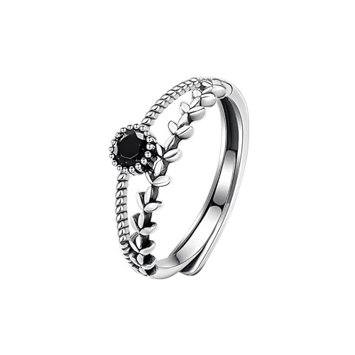 YIQPKUM Vintage Schwarz Kristall Blattring für Damen Zinklegierung verstellbar Natur Schmuck (Versilbert) von YIQPKUM