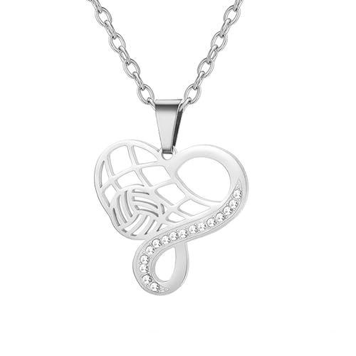 YIQPKUM Volleyball Herz Halskette Anhänger Edelstahl Strass Kristall Schmuck Damen Sport Liebhaber Anhänger Accessoire Geschenk (Versilbert) von YIQPKUM