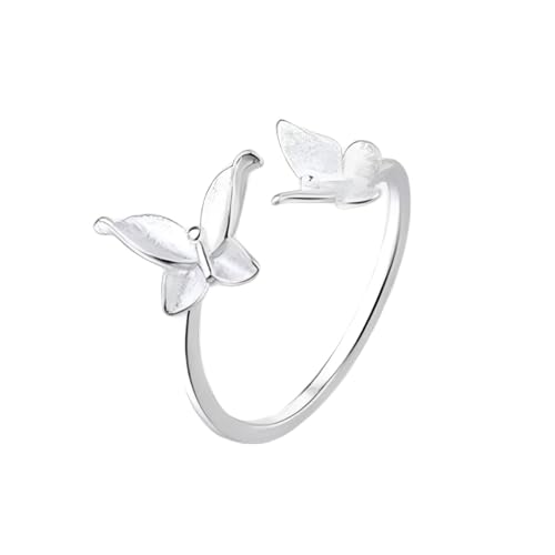 YIQPKUM Zart Dual Schmetterling Ring Damen Verstellbar Offener Bund Schmuck Zart Zinklegierung Accessoire Statement Geschenk Anhänger (Versilbert) von YIQPKUM