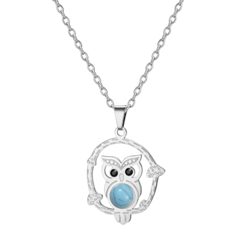 YIQPKUM Zart Hohl Eule Halskette Anhänger Edelstahl Türkis Stein Schmuck Damen Tier Accessoire Anhänger (Versilbert) von YIQPKUM