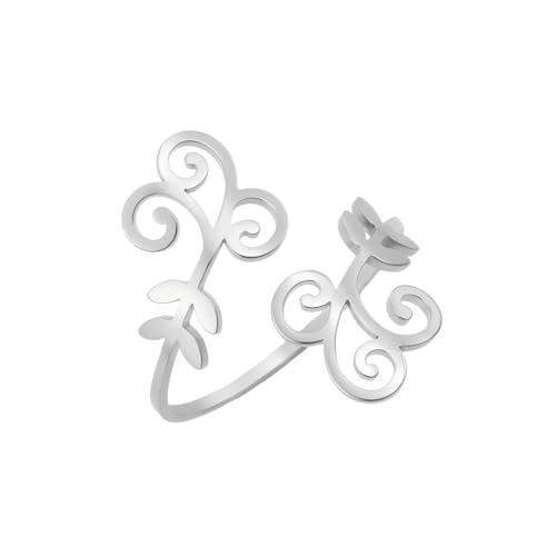 YIQPKUM Zarter Durchbrochener Weinblatt Ringe Verstellbar Offen Edelstahl Natur (Versilbert) von YIQPKUM