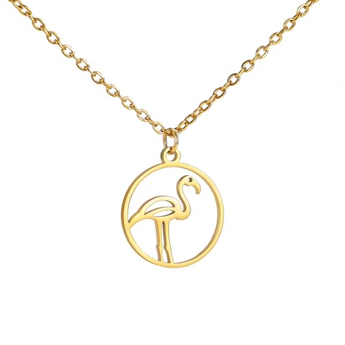 YIQPKUM Zarter Flamingo Halskette Edelstahl Anhänger Rund Tier für Mütter (14 Karat vergoldet) von YIQPKUM