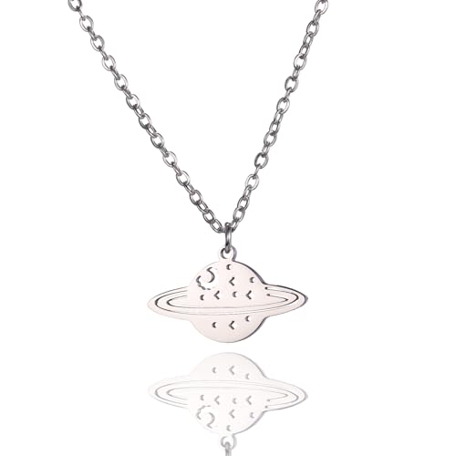 YIQPKUM Zarter Saturn Planet Halskette Edelstahl Anhänger Himmelskörper für Astronomie (Versilbert) von YIQPKUM
