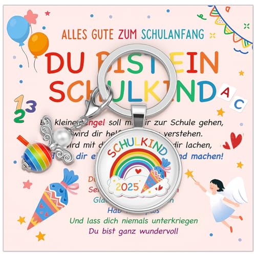 YISCOKO Einschulung Geschenk Schutzengel Schlüsselanhänger -Geschenke zur Einschulung Schulanfang Mädchen Glücksbringer-Schulkind Schultüte-hübsche Grußkarte und eine exquisite Geschenkbox bei von YISCOKO