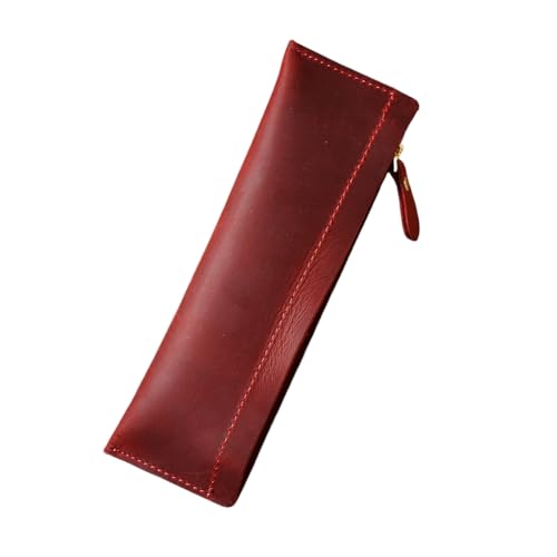 YISENJEE Schutzhülle Etui Bleistiftetui Aus Rindsleder Mit Reißverschluss, Handgefertigte Münzbörse, Schreibwaren-Aufbewahrungstasche, Stiftschutzhülle - Weinrot von YISENJEE