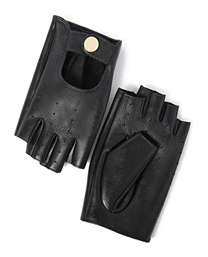 YISEVEN Damen Fingerlose Schaffell Autofahrer Lederhandschuhe Ungefüttert Halbfinger Handschuhe Winter Leder Muttertag Geschenk, Schwarz XXXL von YISEVEN