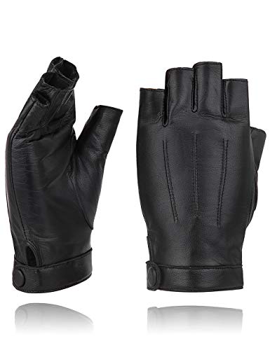 YISEVEN Damen Fingerlose Schaffell Lederhandschuhe Halbfinger Autofahrer-Handschuhe Winter Leder Geschenke, schwarz M von YISEVEN