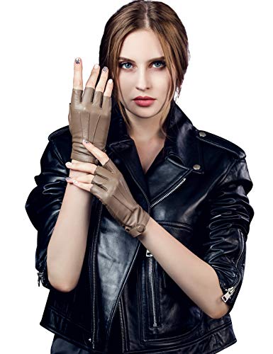 YISEVEN Damen Fingerlose Schaffell Lederhandschuhe Halbfinger Autofahrer-Handschuhe Winter Leder Geschenke, Taupe XXL von YISEVEN