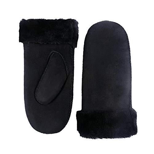 YISEVEN Damen Lammfell Fäustlinge Shearling Robust Dicke Winterhandschuhe Lederhandschuhe Gefüttert Lammfellhandschuhe Leder Fäustling Fell Winter Damenhandschuhe Fellhandschuhe Geschenke, Schwarz M von YISEVEN