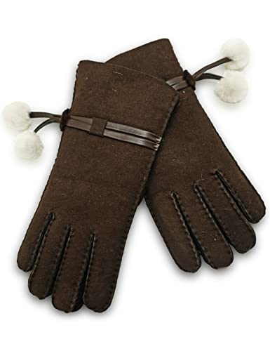 YISEVEN Damen Lammfell Leder Handschuhe Winter Dicke Fell Gefüttert Shearling Winterhandschuhe Lederhandschuhe Lammfellhandschuhe Fingerhandschuhe Damenhandschuhe Fellhandschuhe Geschenke, Braun M von YISEVEN