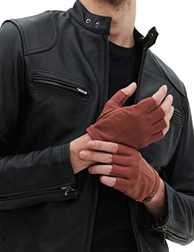 YISEVEN Herren Klassische Fingerlose Autofahrerhandschuhe aus Leder Retro Auto Driving Motorrad Lederhandschuhe Halbfinger Winter Echtleder Autohandschuhe Geschenke, Cognac S von YISEVEN