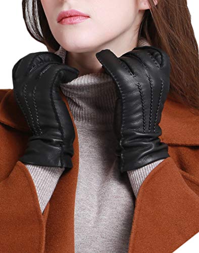 YISEVEN Lederhandschuhe Damen Hirschleder Kaschmir Handschuhe Gefüttert Handgenäht Leder Winter Elegant Warm Echtleder Autohandschuhe Winterhandschuhe Damenhandschuhe Frauen Geschenke, Schwarz S/6.5" von YISEVEN
