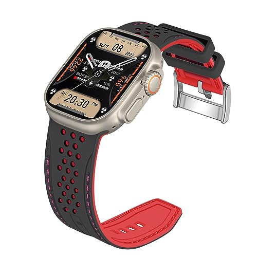 YISIWERA Kompatibel mit Apple Watch Armband 38mm 40mm 41mm Silikon Gummi Armbänder für iWatch Ultra/Ultra 2/Serie 9/8/7/6//5/4/3/2/1/SE Schwarzes Oberteil Rotes Unten Silberschnalle von YISIWERA