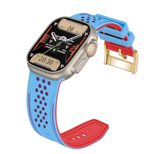 YISIWERA Kompatibel mit Apple Watch Armband 42mm 44mm 45mm 49mm Silikon Gummi Armbänder für iWatch Ultra/Ultra 2/Serie 9/8/7/6//5/4/3/2/1/SE Eisblaues Oberteil Rotes Unten Goldschnalle von YISIWERA