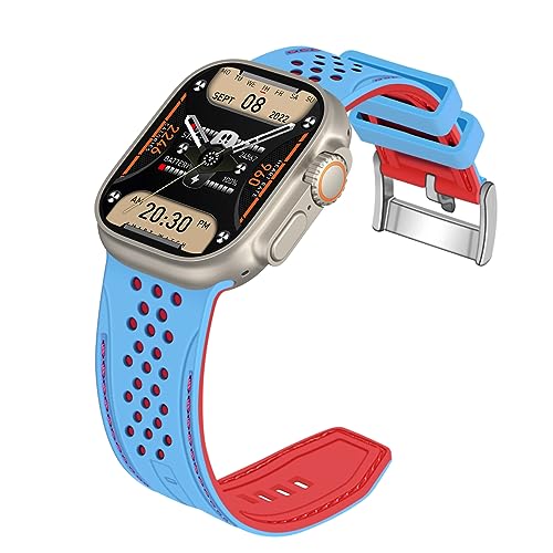 YISIWERA Kompatibel mit Apple Watch Armband 42mm 44mm 45mm 49mm Silikon Gummi Armbänder für iWatch Ultra/Ultra 2/Serie 9/8/7/6//5/4/3/2/1/SE Eisblaues Oberteil Rotes Unten Silberschnalle von YISIWERA