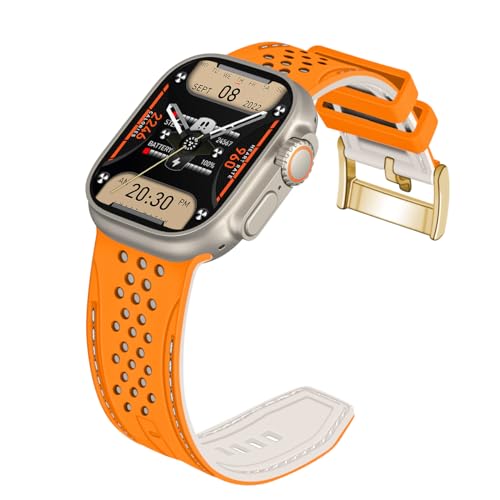 YISIWERA Kompatibel mit Apple Watch Armband 42mm 44mm 45mm 49mm Silikon Gummi Armbänder für iWatch Ultra/Ultra 2/Serie 9/8/7/6//5/4/3/2/1/SE Orange Oberteil Starlight Unten Goldschnalle von YISIWERA